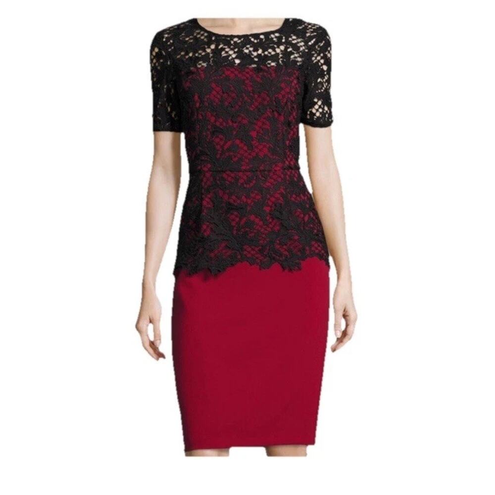 Sachin & Babi Noir Red Black Lace Cocktail Dress Size 4 Sheath Floral Overlay